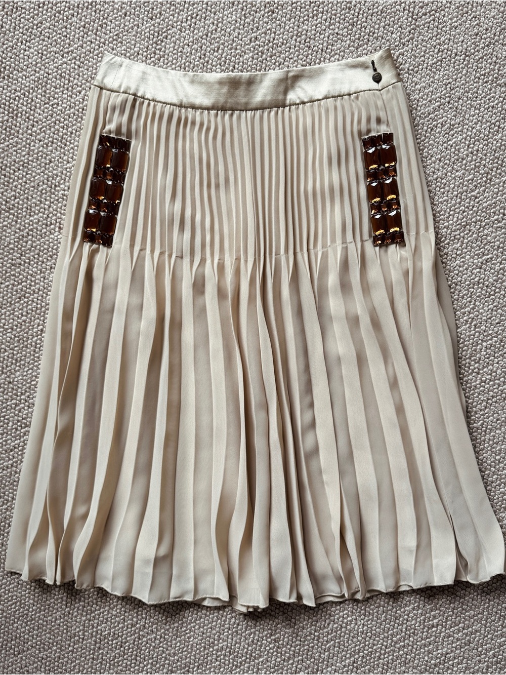 Just Cavalli Cream Pleated Midi Skirt with Amber Bead Panels